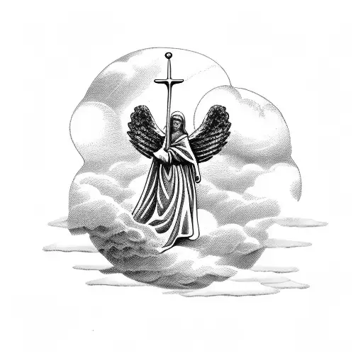 Joshua 1:9 Bible verse, with a stone angel and clouds tattoo design idea
