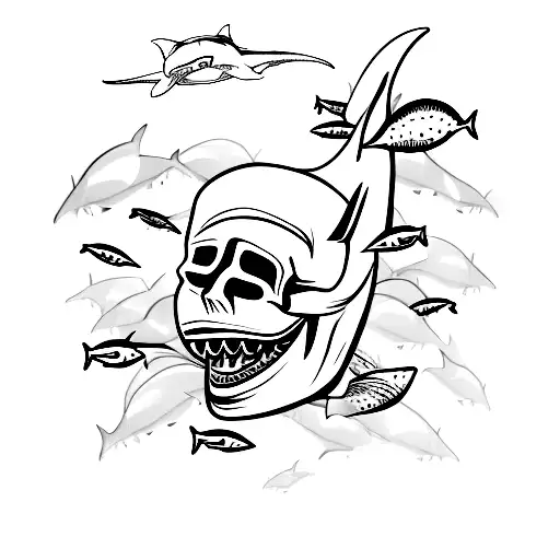 simple one line skull with shark swimming behind it  tattoo design idea