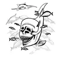 simple one line skull with shark swimming behind it  tattoo design idea