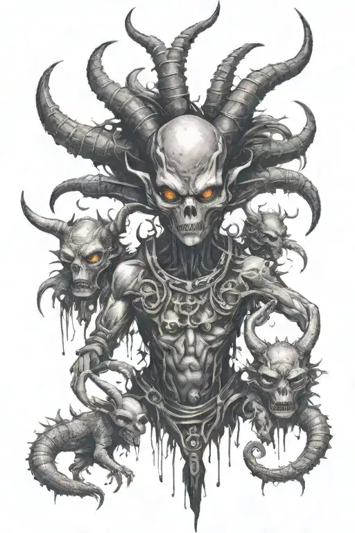alien warrior with third eye and horns surrounded by alien like creatures  tattoo design idea