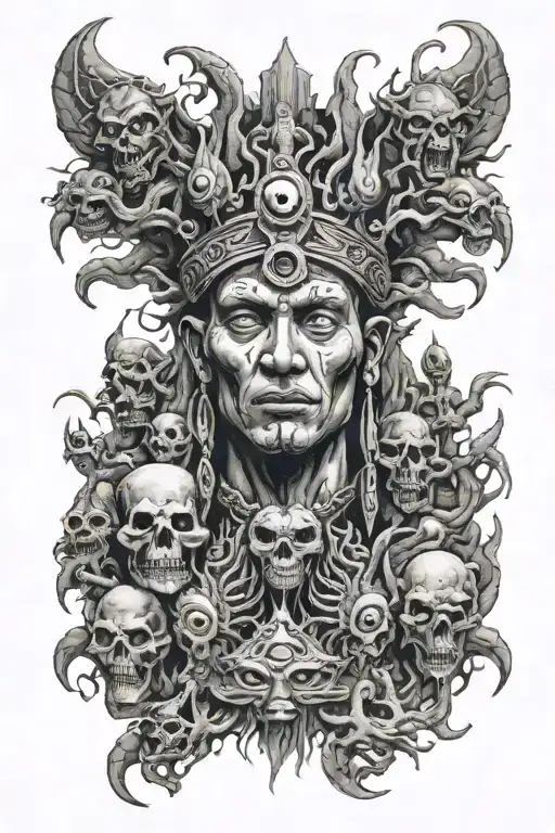Shaman face with third eye surrounded by alien beings around his head tattoo design idea