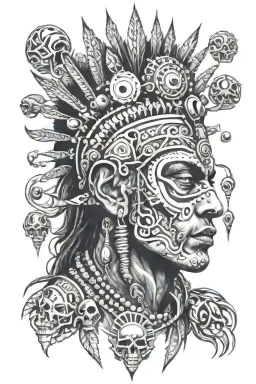 Shaman side face with piercings and with third eye surrounded by alien beings around his head tattoo design idea