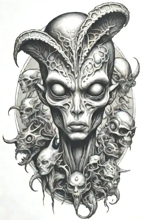 alien with third eye surrounded by alien like creatures  tattoo design idea