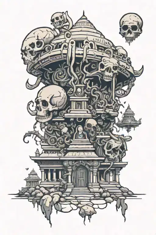 an alien head having a Indian temple with skull warriors running away from it towards us tattoo design idea