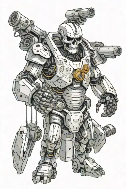 humanoid robot with future seeing abilities and skull necklace and rocket launchers on the back tattoo design idea