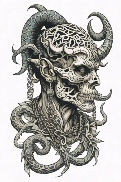 Mutant god side face with piercing and with tusks and horns and skull necklace with snakes  tattoo design idea
