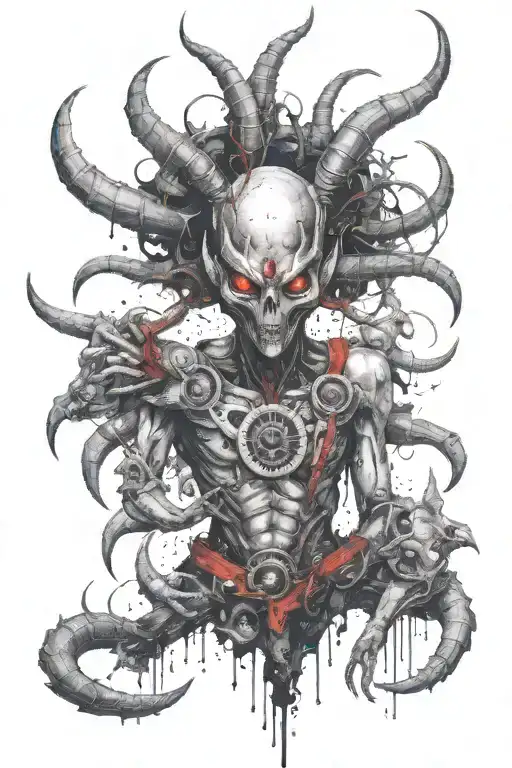 alien warrior with third eye and horns surrounded by alien like creatures  tattoo design idea