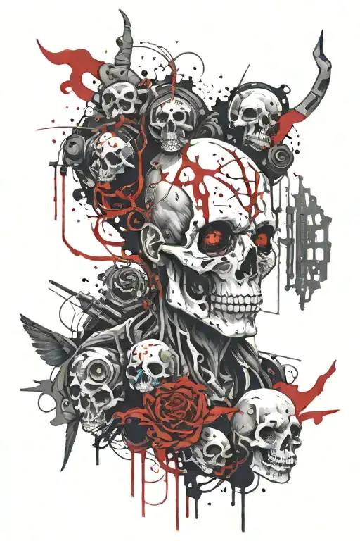 Mythical alien being with multiple eyes and skulls and ruins  tattoo design idea