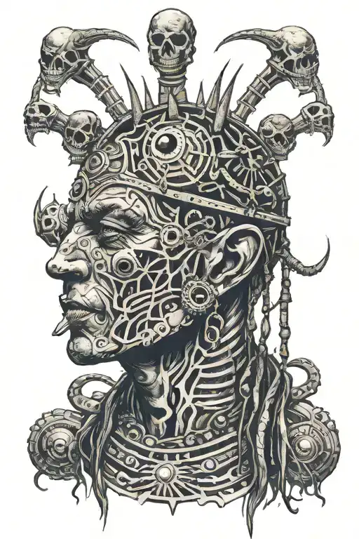 Shaman side face with piercings and with third eye surrounded by alien beings around his head tattoo design idea