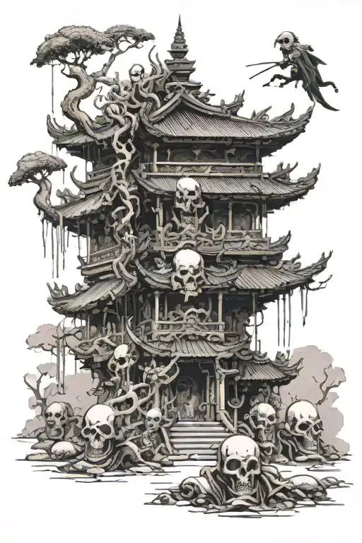 A buddhist temple on an alien head with skull warriors running away from it towards us tattoo design idea