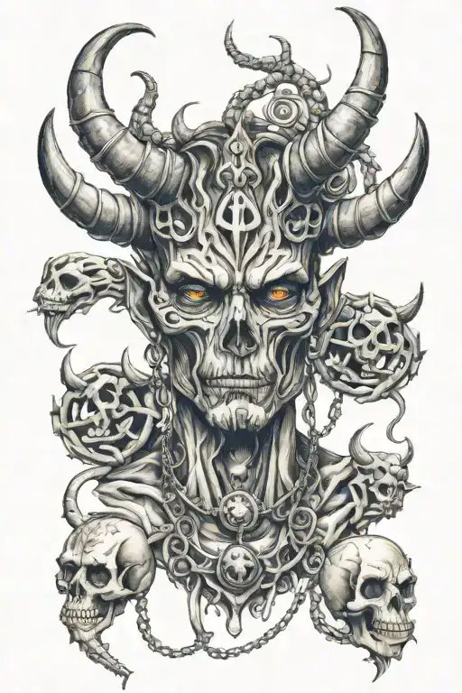 Mutant god face with piercing and with tusks and horns and skull necklace with snakes  tattoo design idea