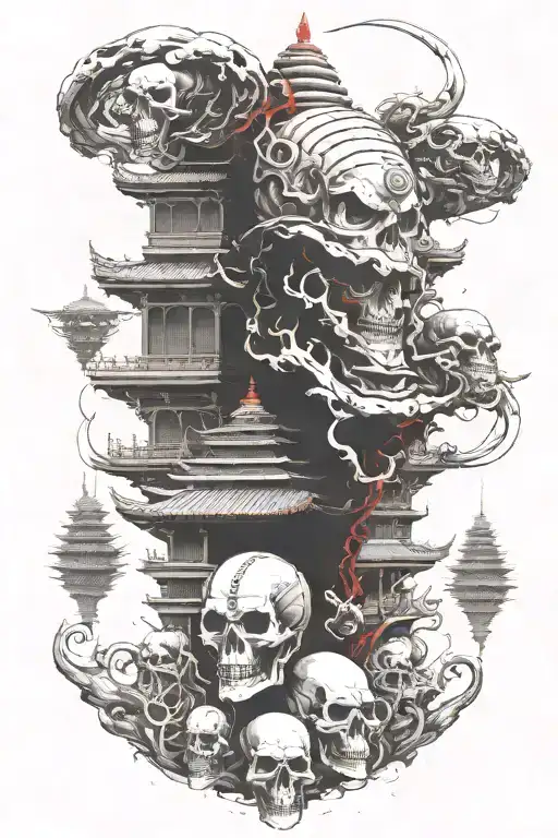 A buddhist temple on an alien head with skull warriors running away from it towards us tattoo design idea