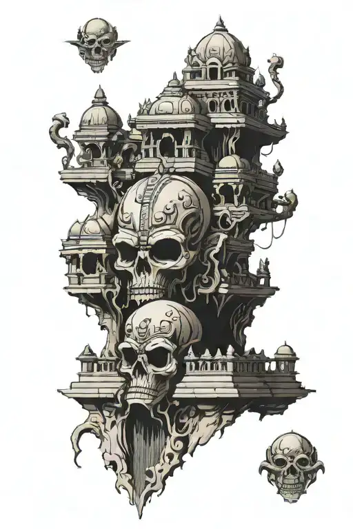 an alien head having a Indian temple with skull warriors running away from it towards us tattoo design idea