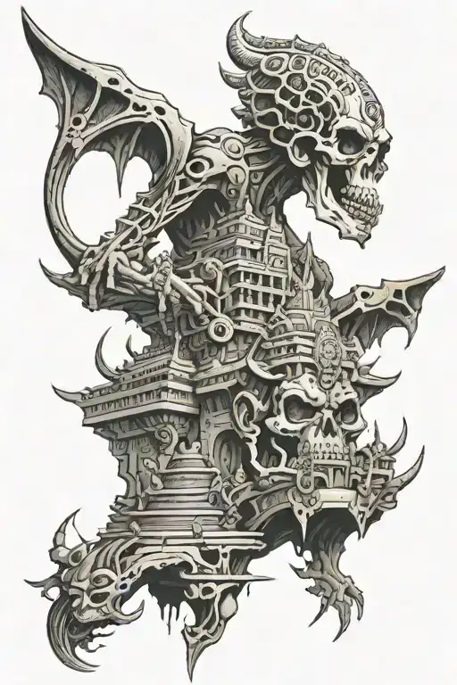  an alien head having a Indian temple with skull warriors running away from it towards us tattoo design idea