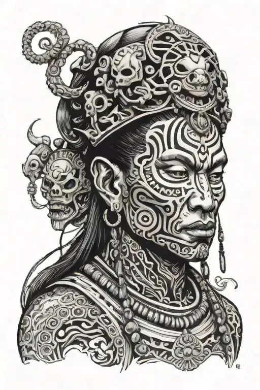 Shaman side face with piercings and with third eye surrounded by alien beings around his head tattoo design idea