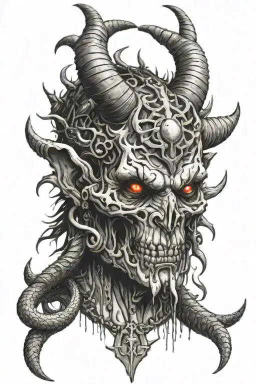 Mutant god face with piercing and with tusks and horns and skull necklace with snakes  tattoo design idea