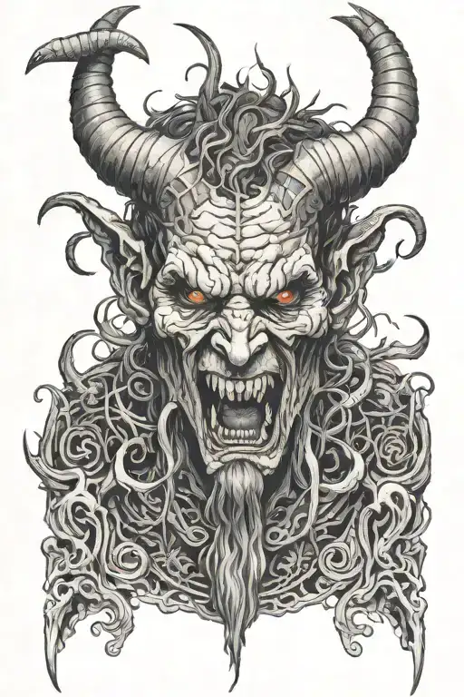 Mutant god face with tusks and horns holding tattoo design idea