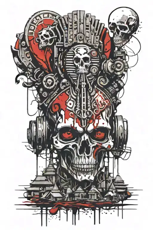  an alien head having a Indian temple with skull warriors running away from it towards us tattoo design idea