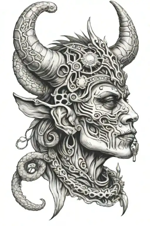 Mutant god side face having third eye with piercing and with tusks and horns and skull necklace with snakes  tattoo design idea