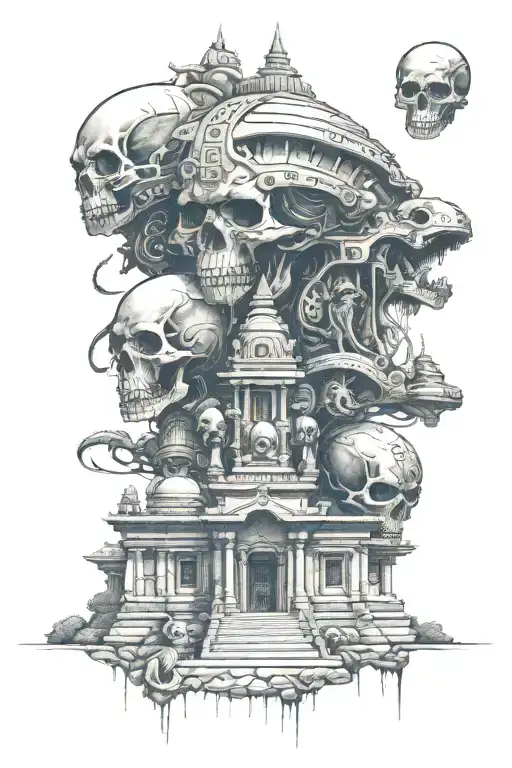 an alien head having a Indian temple with skull warriors running away from it towards us tattoo design idea