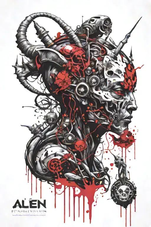 alien with third eye and horns surrounded by alien like creatures  tattoo design idea