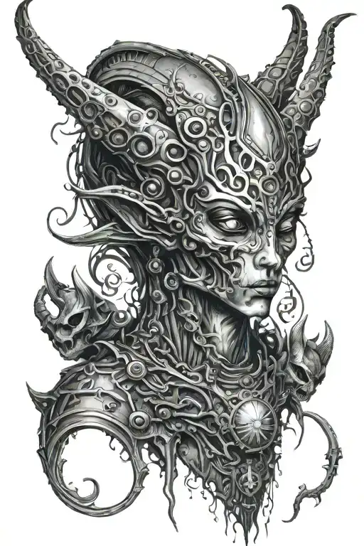 alien warrior with third eye and horns surrounded by alien like creatures  tattoo design idea