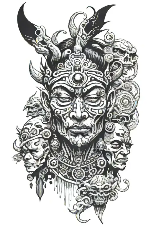 Shaman side facewith white eyes with piercings and with third eye surrounded by alien beings around his head tattoo design idea