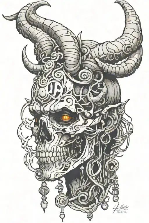 Mutant god side face having third eye with piercing and with tusks and horns and skull necklace with snakes  tattoo design idea