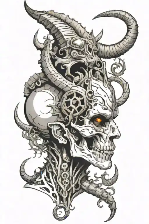 Mutant god side face having third eye with piercing and with tusks and horns and skull necklace with snakes  tattoo design idea