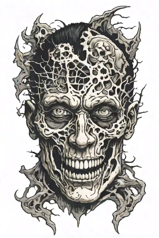 Human face split in half with mutiple eyes popping out on one side and skull on top of the head  tattoo design idea