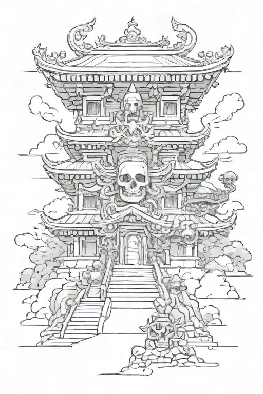 A buddhist temple on an alien head with skull warriors running away from it towards us tattoo design idea