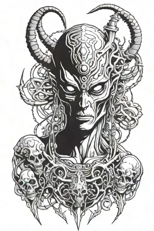 alien warrior with third eye and horns surrounded by alien like creatures and skull necklace  tattoo design idea
