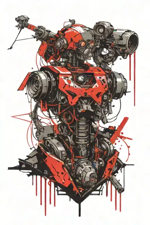 humanoid robot with future seeing abilities and skull necklace and rocket launchers on the back tattoo design idea