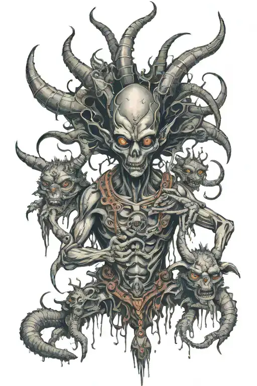 alien warrior with third eye and horns surrounded by alien like creatures  tattoo design idea