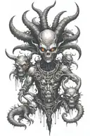 alien warrior with third eye and horns surrounded by alien like creatures  tattoo design idea