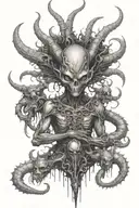 alien warrior with third eye and horns surrounded by alien like creatures  tattoo design idea