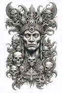 Shaman face with third eye surrounded by alien beings around his head tattoo design idea