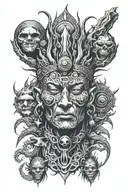 Shaman face with third eye surrounded by alien beings around his head tattoo design idea