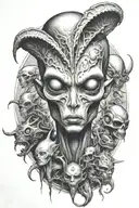 alien with third eye surrounded by alien like creatures  tattoo design idea