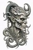 Mutant god side face with piercing and with tusks and horns and skull necklace with snakes  tattoo design idea