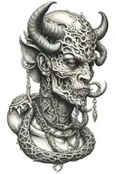 Mutant god side face with piercing and with tusks and horns and skull necklace with snakes  tattoo design idea