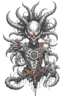 alien warrior with third eye and horns surrounded by alien like creatures  tattoo design idea