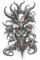 alien warrior with third eye and horns surrounded by alien like creatures  tattoo design idea