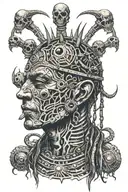 Shaman side face with piercings and with third eye surrounded by alien beings around his head tattoo design idea