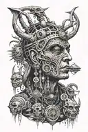 Shaman side face with piercings and with third eye surrounded by alien beings around his head tattoo design idea