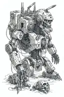 humanoid robot with future seeing abilities and skull necklace and rocket launchers on the back tattoo design idea