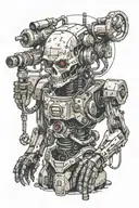 humanoid robot with future seeing abilities and skull necklace and rocket launchers on the back tattoo design idea