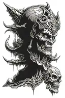  an alien head having a buddhist temple with skull warriors running away from it towards us tattoo design idea