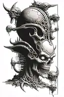  an alien head having a buddhist temple with skull warriors running away from it towards us tattoo design idea