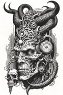 Mutant god side face having third eye with piercing and with tusks and horns and skull necklace with snakes  tattoo design idea